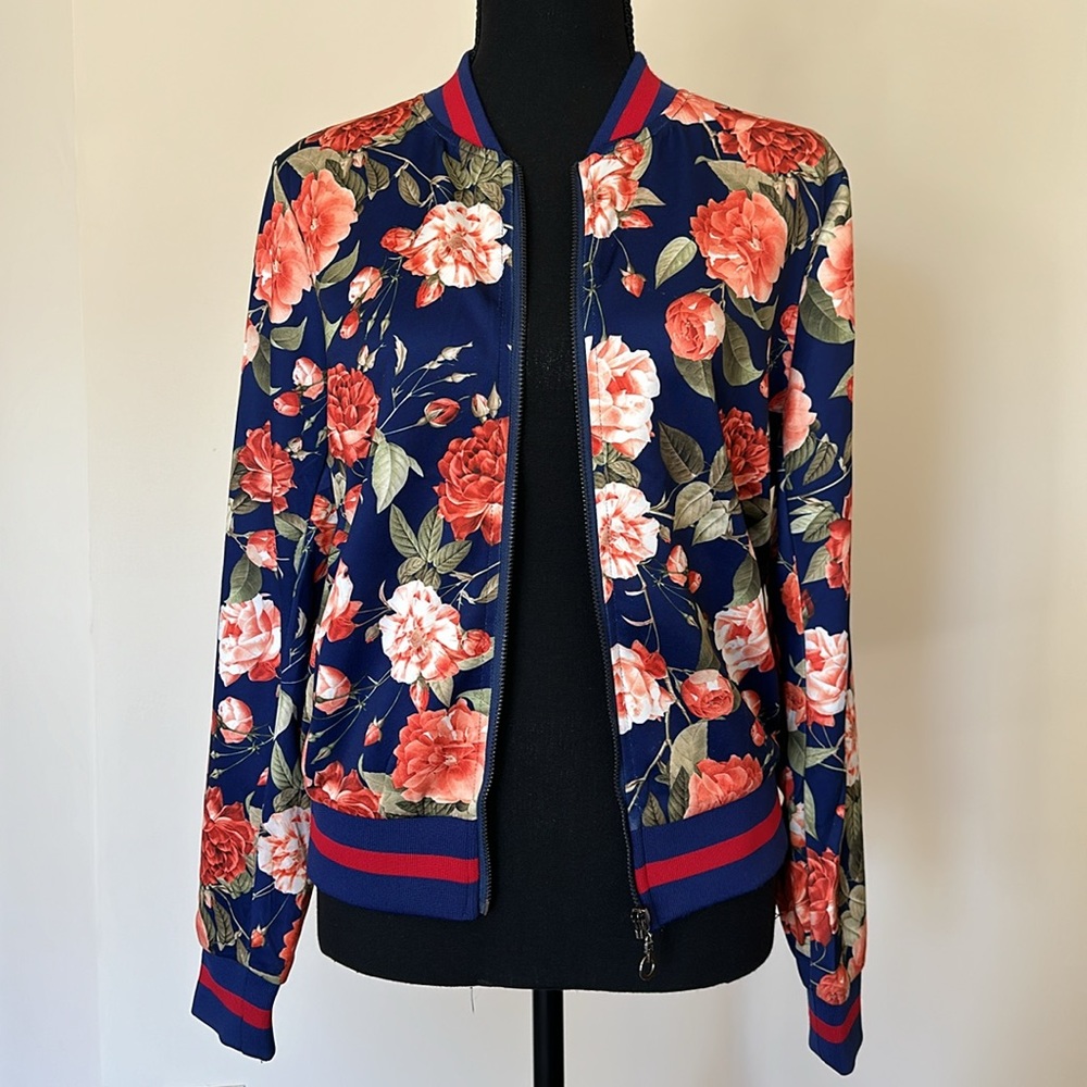 Women’s floral print zip up baseball collar fashion jacket